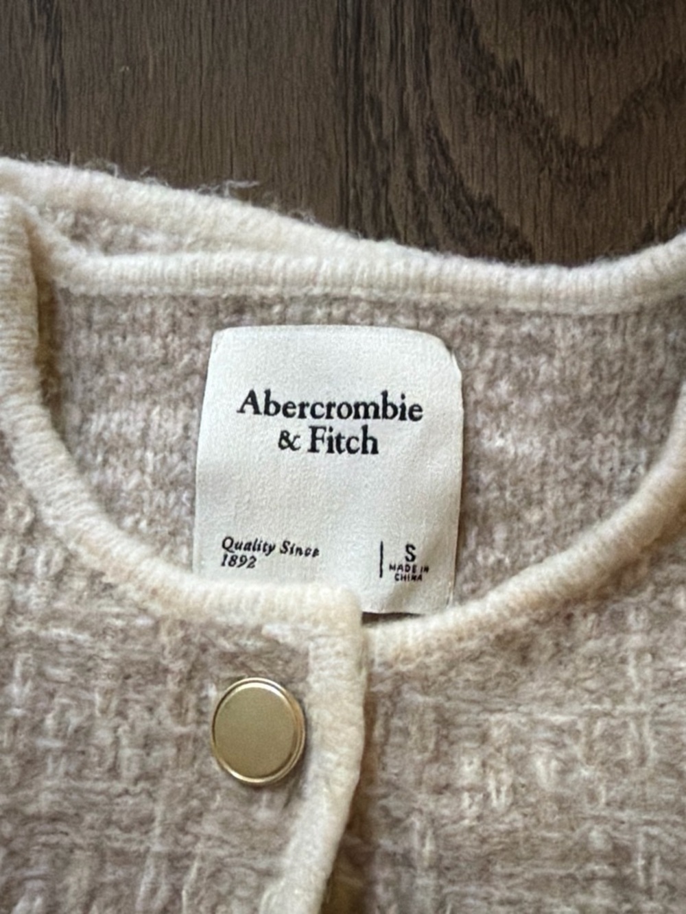 Abercrombie & Fitch Cream Bouclé Crewneck Button Cardigan